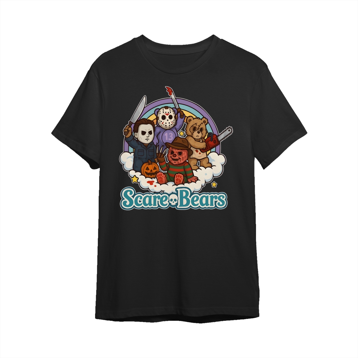 Funny Halloween Scary Care Bears T-Shirt, Horror Faces Movie Characters Tee, Vintage Graphic Halloween Shirt, Trendy Spooky Season Tee For Classic Horror Fans