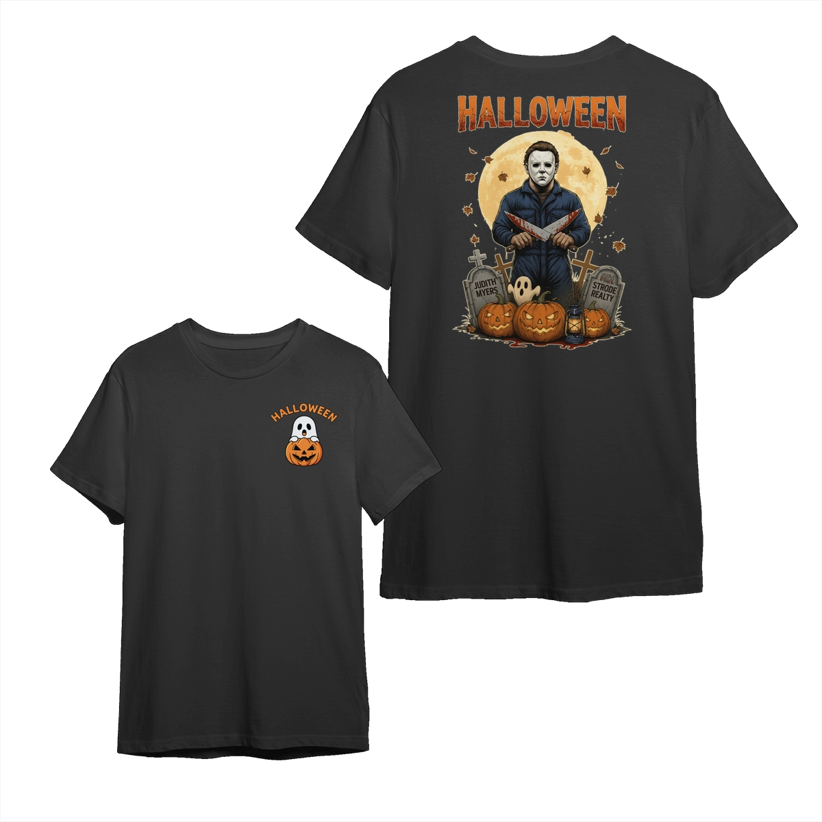 Michael Myers Halloween Shirt – Blood-Stained Knife Graphic with Pumpkins, Full Moon & Graveyard Scene, Classic Slasher Movie Sweatshirt for Horror Fans, Casual Cotton Sweater