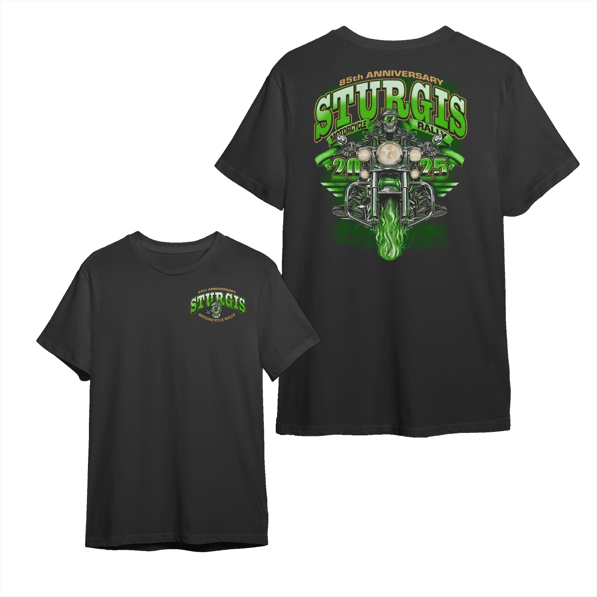 Title: Sturgis Motorcycle Rally 2025 T-Shirt – 85th Anniversary Biker Tee with Green Flame Ride Graphic, Bold Back Print for Hardcore, motor sport shirt, vintage graphic tee, crewneck, men shirt, holiday outfit, gift for men, vacation outfit