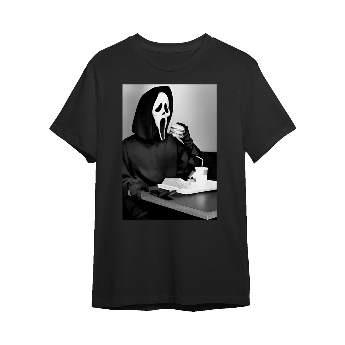 Vintage Halloween Graphic T-shirt, Ghost Face Eat Hamburger Tee, Horror Movie Shirt, Horror Character, Funny Halloween Shirt, Unisex T-Shirt, Gift For Men Women Cotton Summer T Shirt Graphic Tee