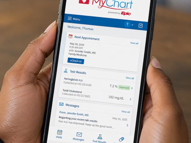 Download from MyChart, review the redactions, and submit — about 15–20 minutes.