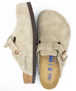 Birkenstock Boston Soft Footbed Suede Leather Clogs for Women in Taupe