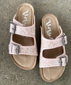 Pink Synthetic Footbed Sandals For Spring, Hand Tooled Sandals, Pink Double Strap Sandals For Spring