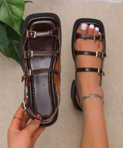 Women Buckle Decor Brown Solid Wedge Sandals, Fashion Artificial Leather Slingback Sandals Brown,Spring Summer Outfits