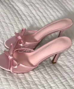 Bow Mesh High Heels Pink Round Toe Stiletto Heel Slip On Designer Brand Outside Solid Color Low Heel