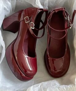 Red Doll Shoes, Chunky Heels Aesthetic, Aesthetic Red Shoes, Red Platforms Aesthetic, Dark Cherry Red Shoes, Dark Red Shoes, Red Shoes Aesthetic Vintage