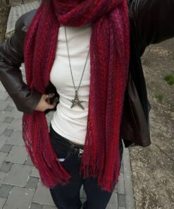How To Style A Red Scarf, Outfit With Red Scarf, Red Brown Leather Jacket, Red Autumn Outfits Aesthetic, Red Autumn Aesthetic Outfit
