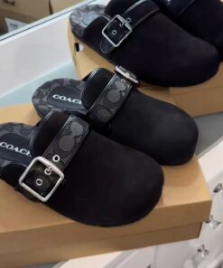 Slide Clogs, Coach Shoes Black, Coach Black Shoes, Black Coach Clogs, Nike Clogs, Slide On Shoes, Coach Birkenstock