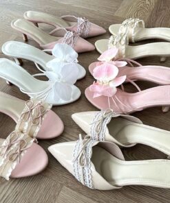 Dior Flower Heels, Girly Shoes Aesthetic, Floral Heels Aesthetic, Pink And White Kitten Heels, Flower Heels Aesthetic