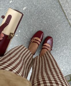 Brown Gingham Pants with Dark Red Ballet Flats Classic Style