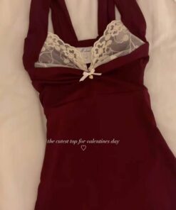 Dark Red Top Aesthetic, Diy Coquette Clothes, Dark Red Coquette Outfits, Diy Lace Tank Top, Lace Thrift Flip, Coquette Red Top Outfit Ideas