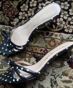 Vintage Kitten Heels Aesthetic, Heart Kitten Heels, 2000s Delicate Feminine Kitten Heels, Kate Spade Kitten Heels, White Heels With Black Dots