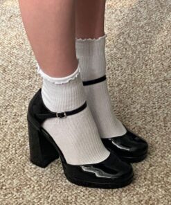 Nice Looking Shoes, White Socks With Black Heels, Socks With Mary Jane Heels, Chunk Heels, Comfortable Fancy Shoes, Cute Feminine Shoes