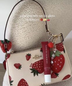 Coach Nolita 19 Strawberry Print, Handbags Coach, Strawberry Purse Aesthetic, Purses With Keychains, Fruit Coach Bag
