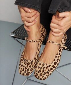 Women's Flats Loafers Retro Daily Leopard Buckle Flat Heel Square Toe Vintage Casual Walking Faux Suede Ankle Strap Leopard