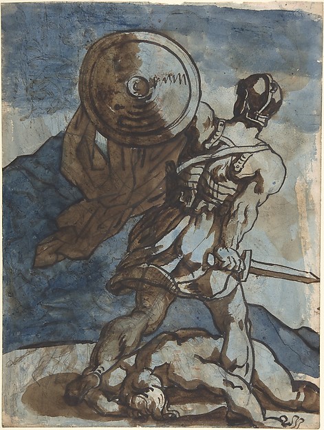 Venus and Cupid in a Landscape, after Annibale Carracci (recto); A Warrior Holding a Shield and Sword, Seen from the Back (verso)