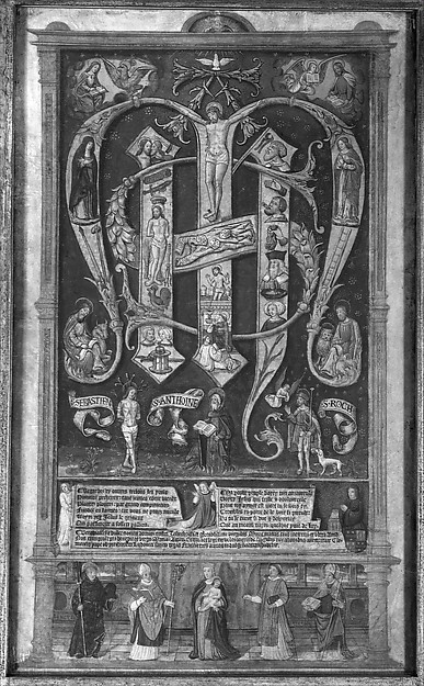 Sacred Monogram with the Trinity, Instruments of the Passion, and Saints