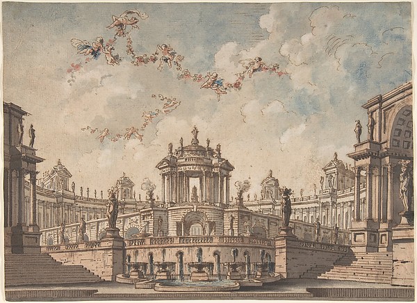 Design for a Stage Set: Semi-Circular Colonnaded Building, a Bridge Surmounted by a Tempietto, a Fountain in the Foreground and Putti Bearing Garlands.
