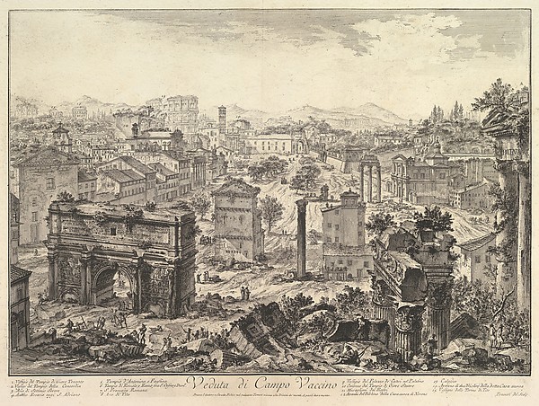 The Forum Romanum, or Campo Vaccino, from the Capitol, with the Arch of Septimius in the foreground left, Temple of Vespian right, and the Colosseum in the distance (Veduta di Campo Vaccino)