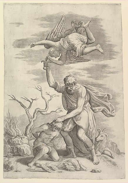 The sacrifice of Abraham who needs before Isaac who raises his sword to strike him