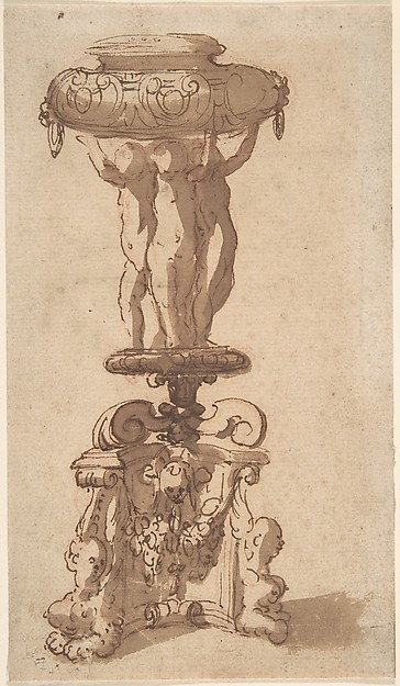 Design for an Urn, Supported by Three Children on a Piedestal with Sphinxes as Feet.