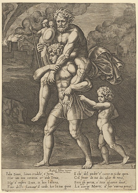 Aeneas carrying Anchises on his shoulders while Troy burns in the background