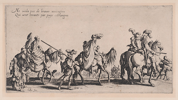 Procession of Roma men, women, and children on horseback and on foot