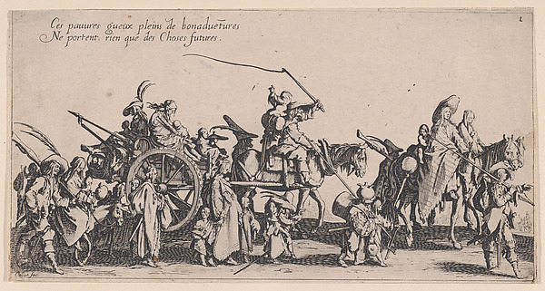 Procession of Roma men, women, and children with horse-drawn cart