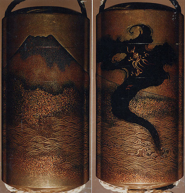Case (Inrō) with Design of Dragon in Clouds Emerging from Waves before Mount Fuji