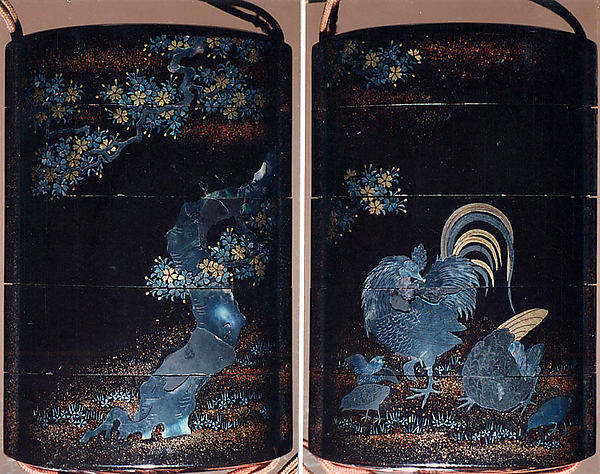 Case (Inrō) with Design of Rooster and Chickens Beneath Flowering Cherry Tree