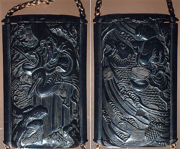 Case (Inrō) with Design of Fukurokuju (God of Longevity) Riding a Flying Crane before Waterfall (obverse); Kinko Sennin Riding a Carp on Waves (reverse)