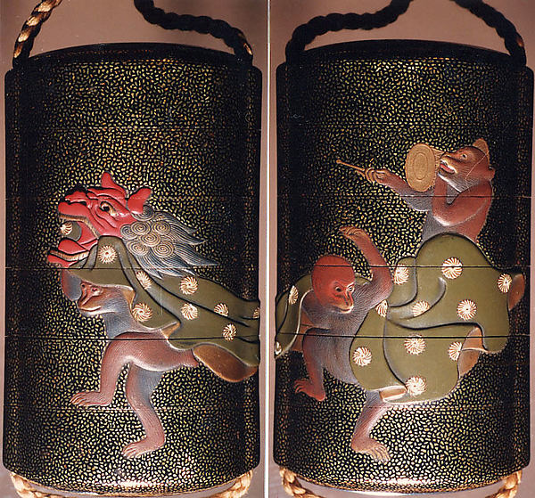 Case (Inrō) with Design of Three Monkeys as New Year Dancers