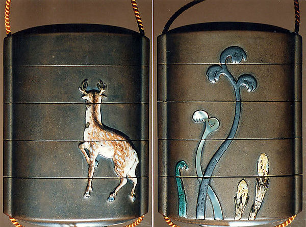 Case (Inrō) with Design of Spring Fern and Horsetail (obverse); Deer (reverse)