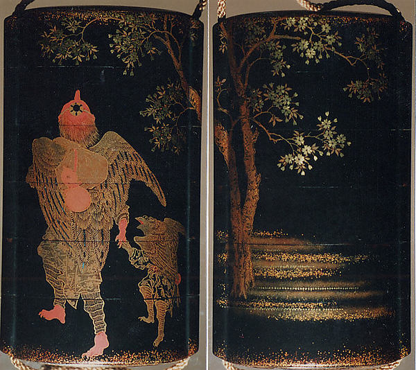 Case (Inrō) with Design of Two Tengu (Goblins) with Knapsack and Gourd, under a Cherry Tree