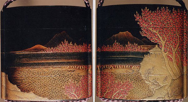 Case (Inrō) with Design of Pavilion on Rocks above Waves, with Flowering Plum Trees