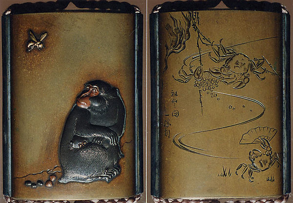 Case (Inrō) with Design of Seated Monkey Looking at a Wasp (obverse); Crabs with Fan beside Waves (reverse)