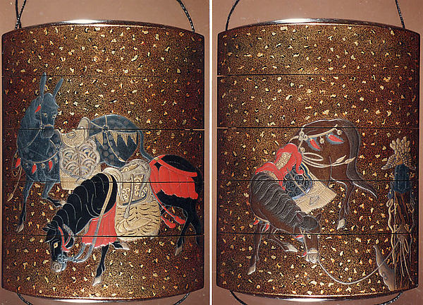 Case (Inrō) with Design of Two Saddled Horses (obverse); Saddled Mule beside Decorated Post (reverse)