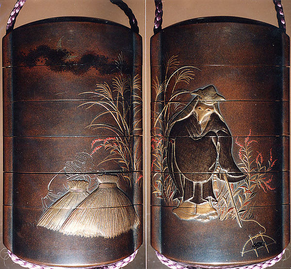 Case (Inrō) with a Fox from the Kyōgen Play The Fox Hunter (Tsurigitsune); Hunter behind Haystacks from the Kyōgen Play "Hakuzōsu" (reverse)