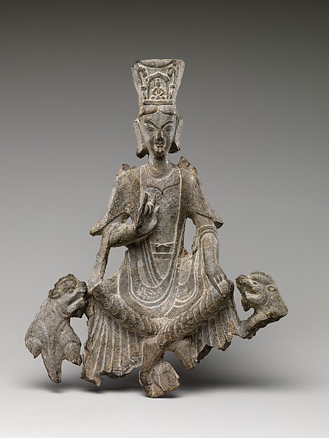 Seated bodhisattva (Maitreya) with two lions