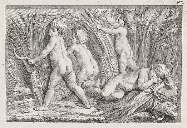 Nude children shearing wheat; an allegory of Summer; after a bas-relief on the Fontaine des Quatre-Saisons (Paris)