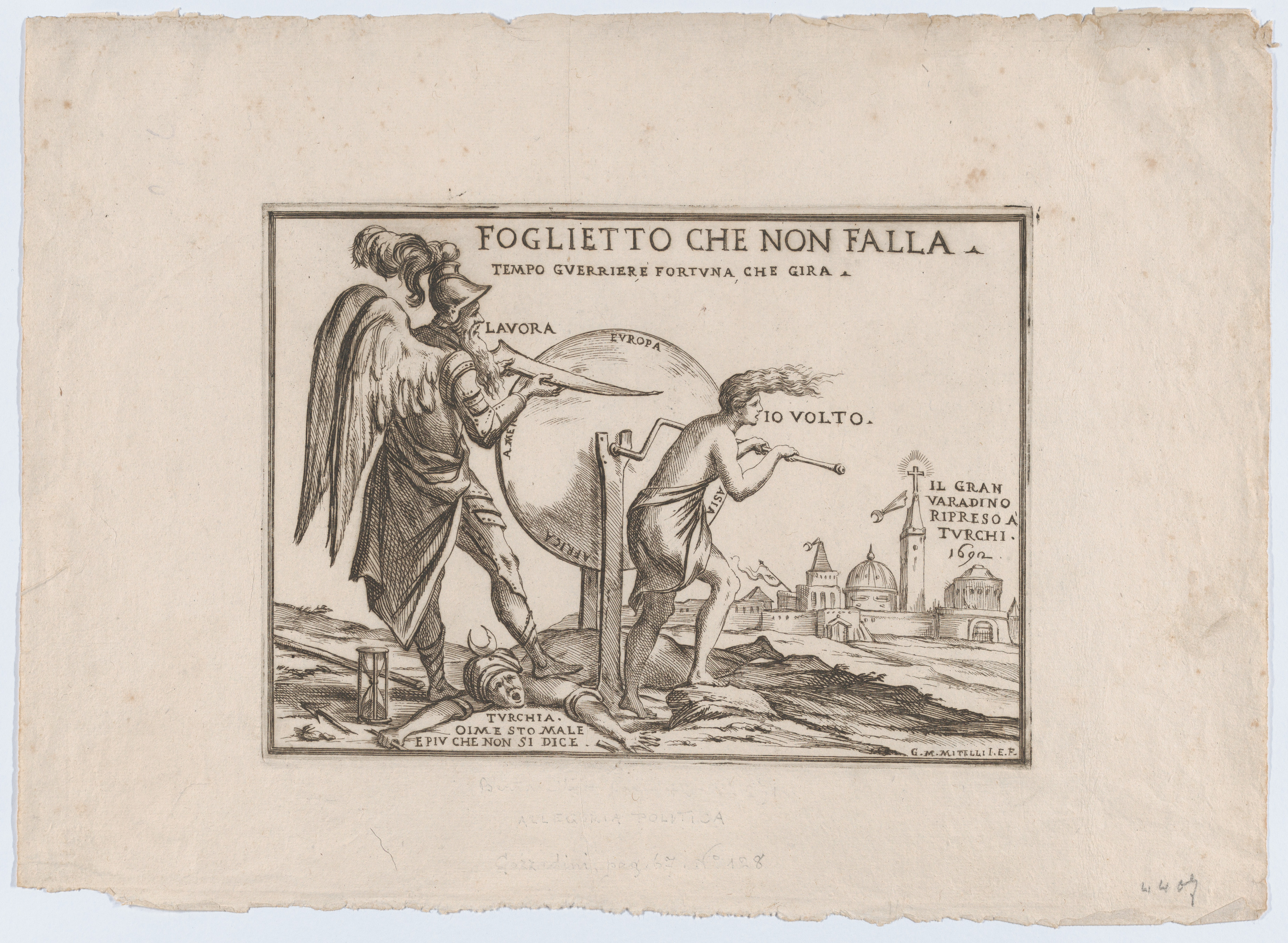 An allegory relating to the fortunes of the Turks, a winged figure probably representing Time stands on a fallen Turk while sharpening a blade on a wheel inscribed with the continents that is being turned by a semi-dressed figure, at right the city of Vardino (northwest Romania near the Hungarian border) that was held by the Turks from 1660 to 1692.