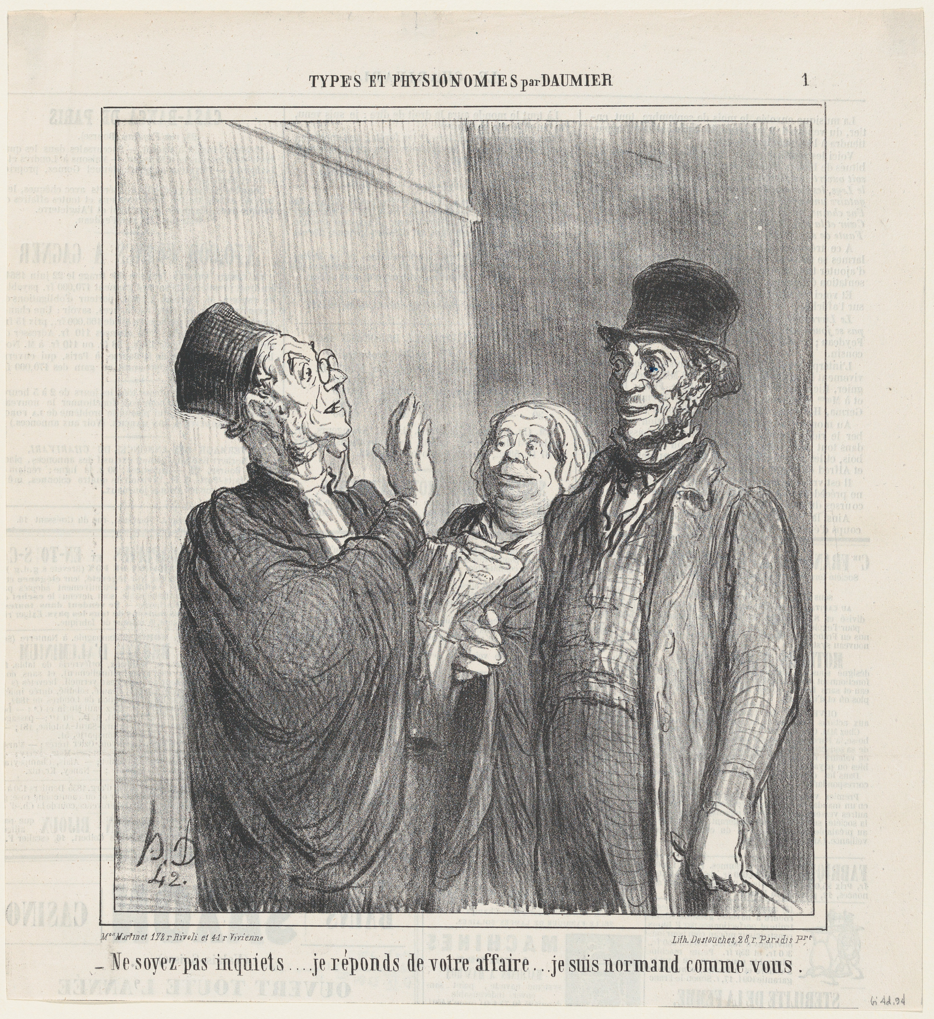 Don't worry, I'll take good care of your case, I am from Normandy, just like you, from 'Types and features,' published in Le Charivari, June 21, 1864