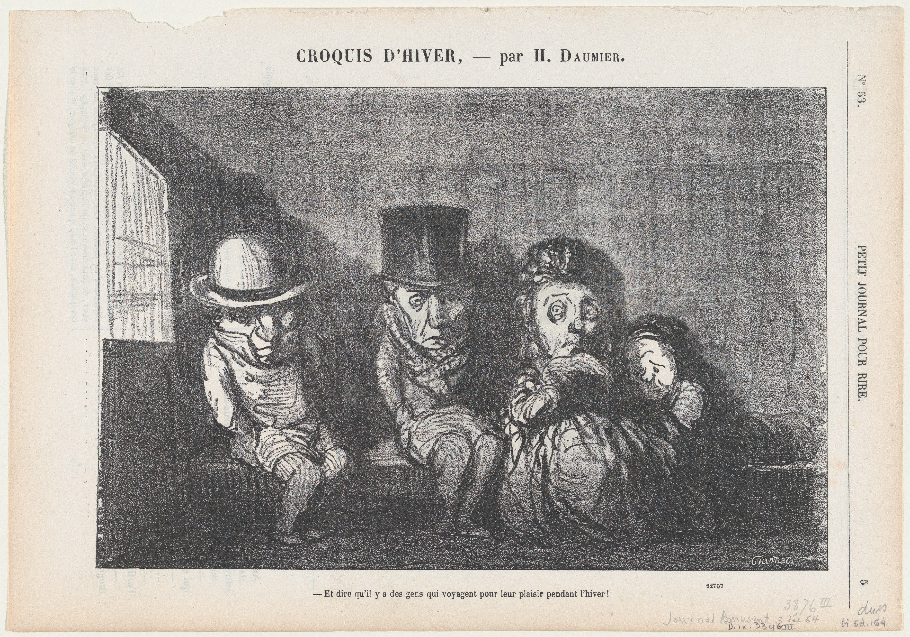 To imagine that there are people who even travel in winter for fun and enjoyment!, from 'Winter sketches,' published in Le Petit Journal pour Rire, December 3, 1864