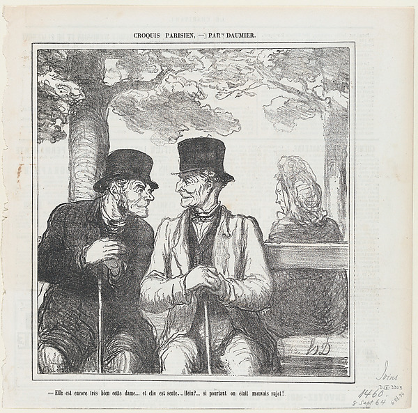 Not bad, not bad at all the lady over there.... I wonder if she is alone... What rakes we are!, from 'Parisian sketches,' published in Le Charivari, September 8, 1864