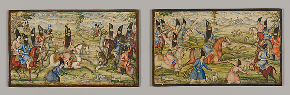 Pair of Book Covers Depicting Fath 'Ali Shah Hunting