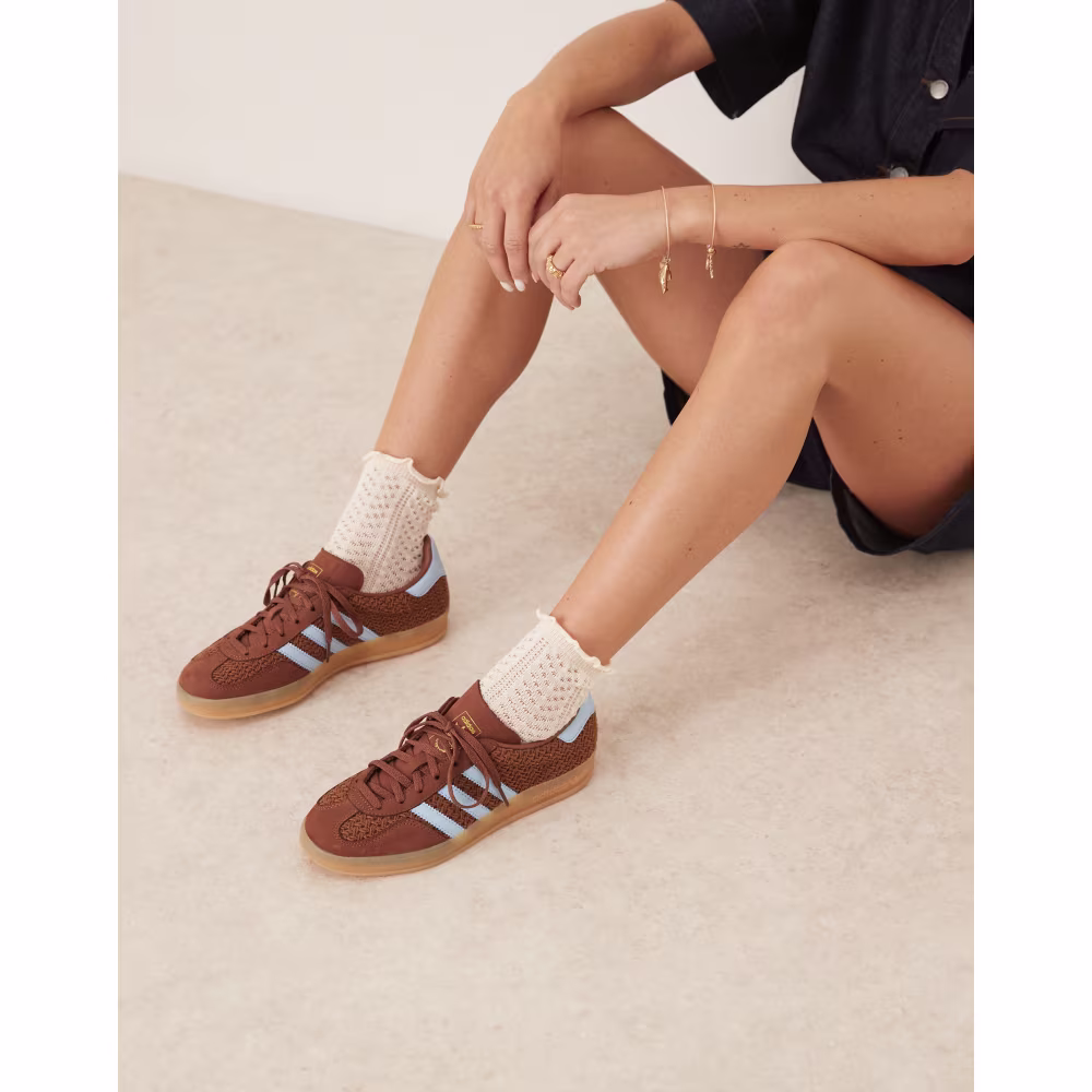 adidas Originals Gazelle Indoor trainers in light brown and blue woven