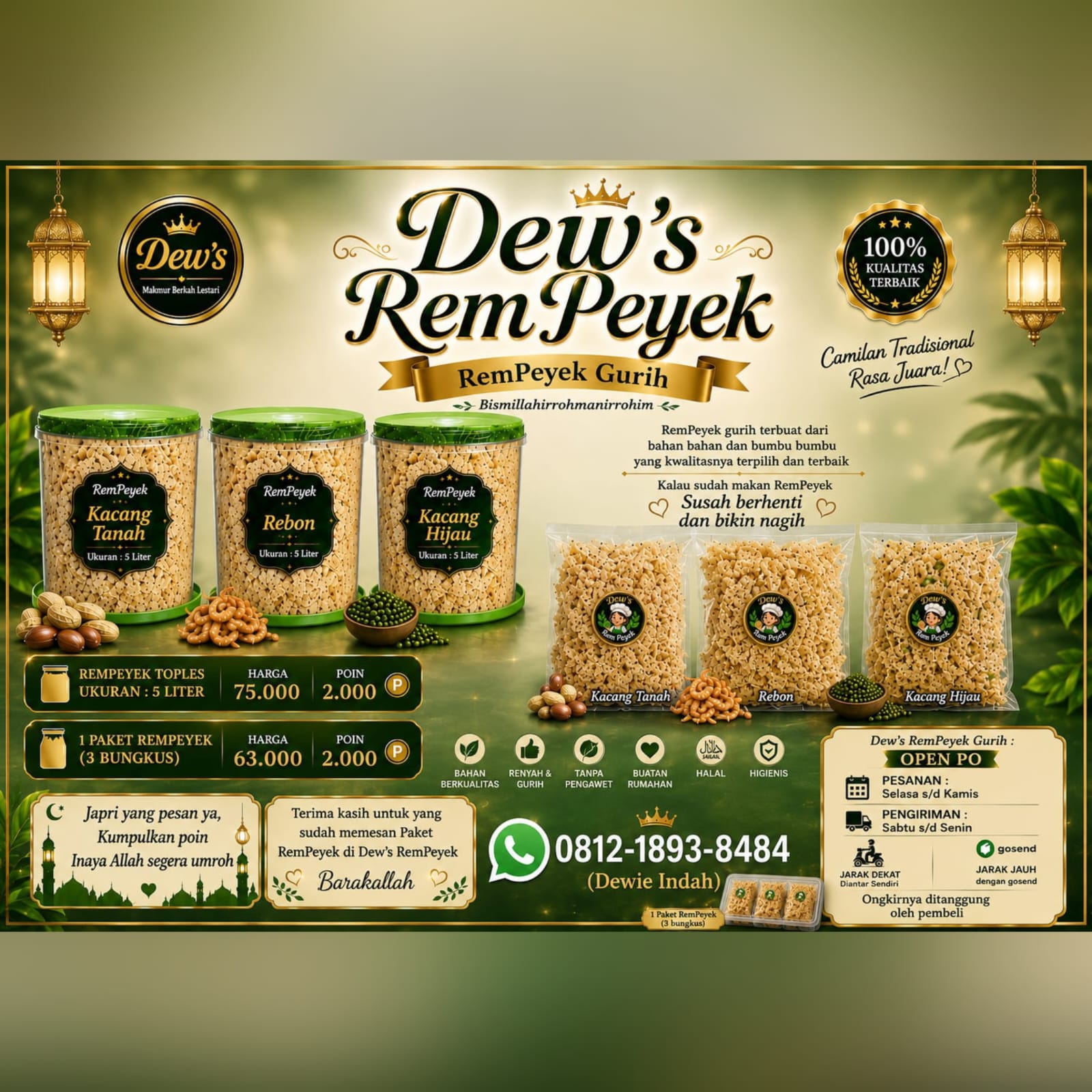RemPeyek Gurih : 1 Paket (3 bungkus) 63k, RemPeyek Toples (Ukuran 5 liter) 75k