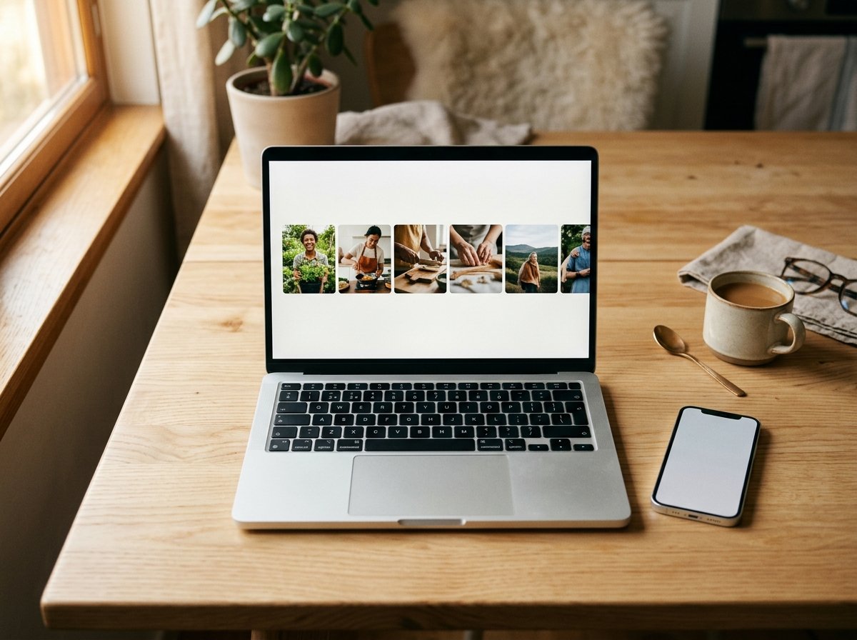 A laptop on a kitchen table showing a row of short phone clips lined up end to end on one timeline