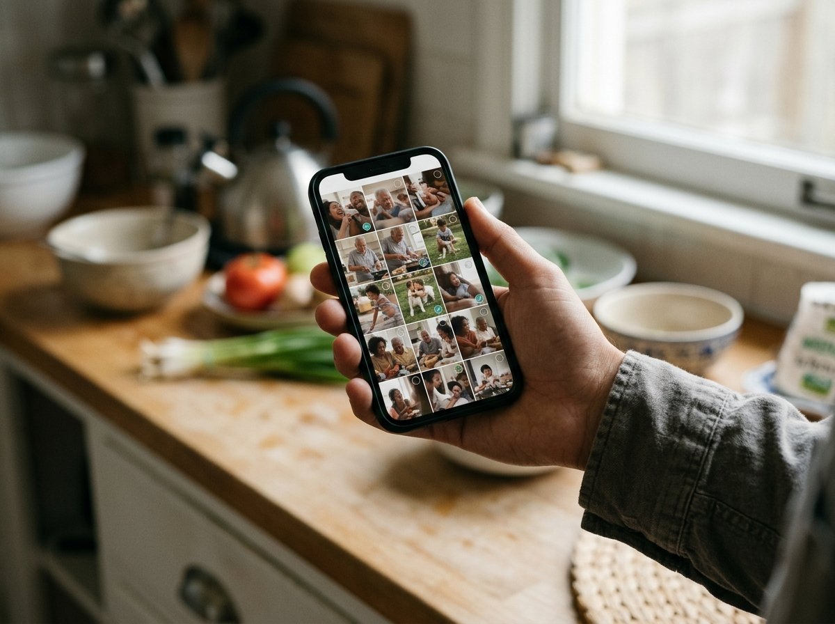 A hand holding a phone with several video clips selected in the photo library ready to be joined