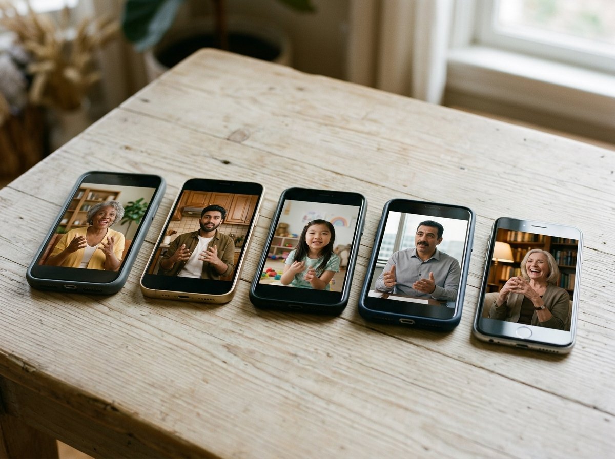 Several phones on a table each showing a different person recorded in a different room